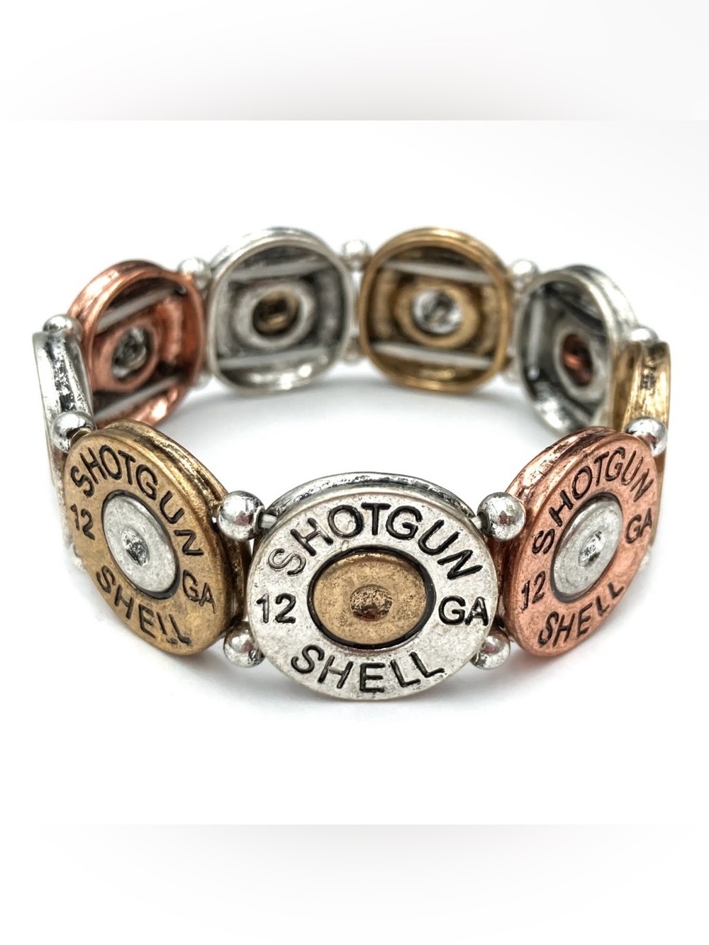 NWT Large 12 GA Shotgun Bullet Shell Stretch Bracelet Tri-Tone Metal